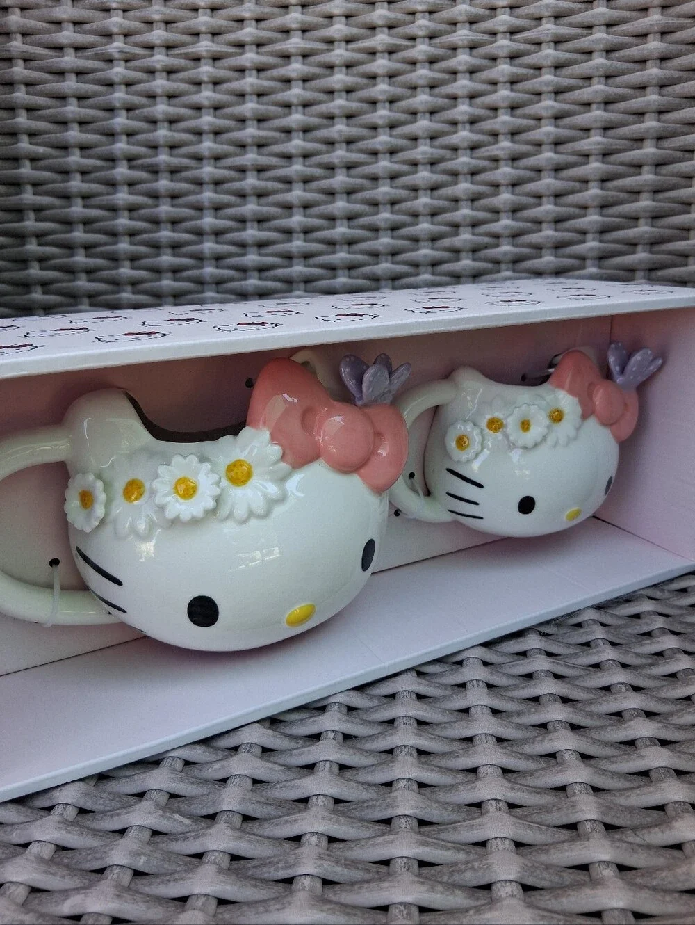 Hello Kitty Ceramic Face Mug Pair with Pink Bows and Purple Accents